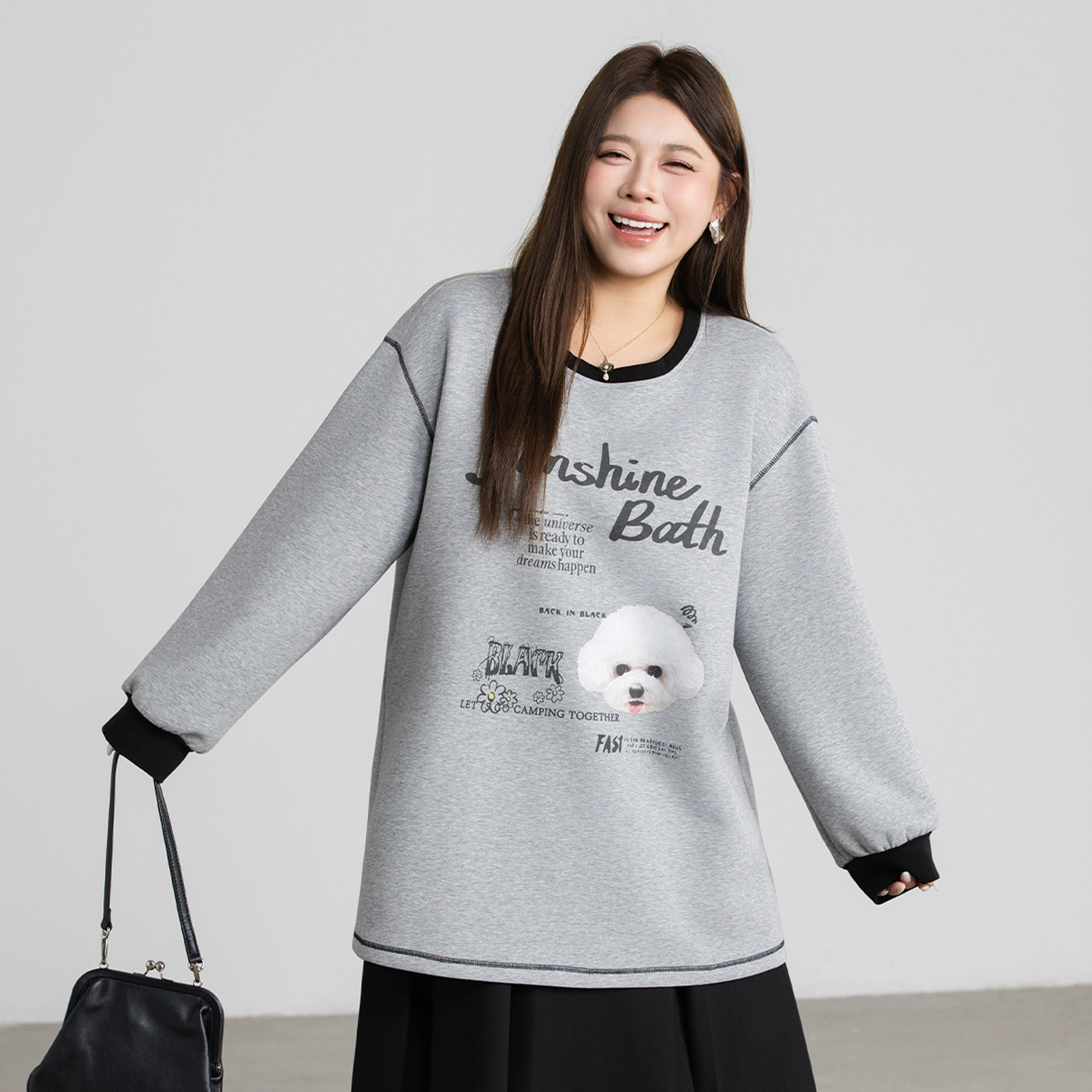 卡通印花空气层卫衣女2026春新款大码胖mm宽松显瘦减龄套头上衣灰