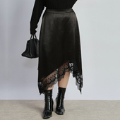 新款 2026春装 胖mm高腰显瘦遮胯蕾丝边不规则缎面半身裙 女装 大码