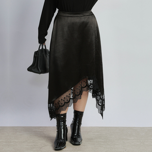 大码女装2026春装新款胖mm高腰显瘦遮胯蕾丝边不规则缎面半身裙