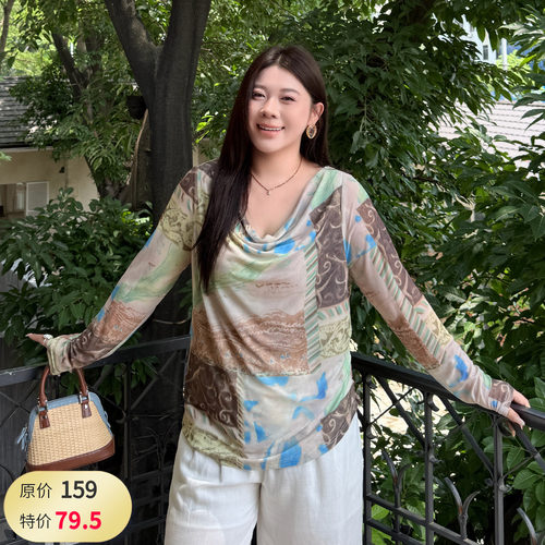 大码女装荡领网纱T恤宽松百搭