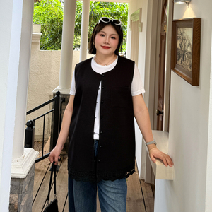 心存真大码女装无袖西装马甲秋季胖mm复古宽松蕾丝边叠穿背心上衣