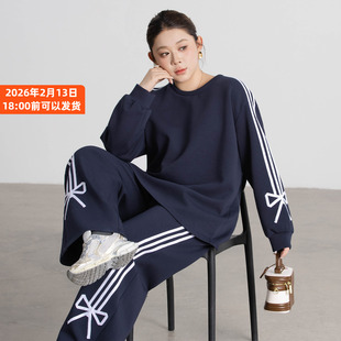 蝴蝶结织带时尚大码套装女春新款胖mm宽松卫衣+休闲裤运动两件套
