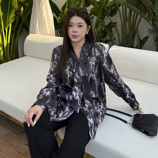 女装 胖mm宽松显瘦长袖 缎面衬衫 新款 衬衣 系带2026年春季 心存真大码