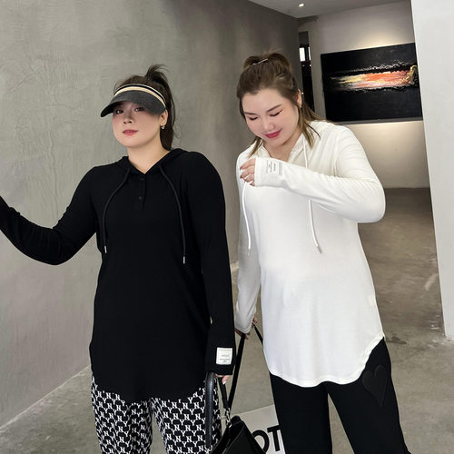 大码女装上衣显瘦针织连帽衫