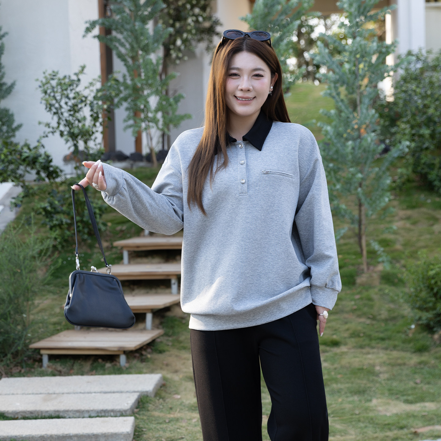 大码女装撞色Polo领灰色卫衣2026年春季新款胖mm宽松显瘦长袖上衣