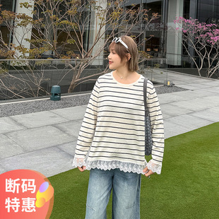 女显瘦针织衫 大码 胖mm宽松条纹衫 女装 设计感拼接蕾丝上衣2025春季