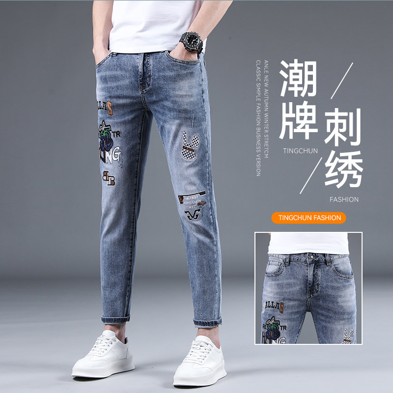 香港2025夏季薄款男士牛仔裤潮流刺绣印花九分裤修身小脚弹力裤子
