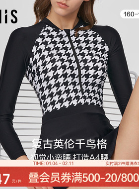 爱美丽IMIS商场吸湿排干春千鸟纹无托长袖连体泳衣两件套IM68BLL1