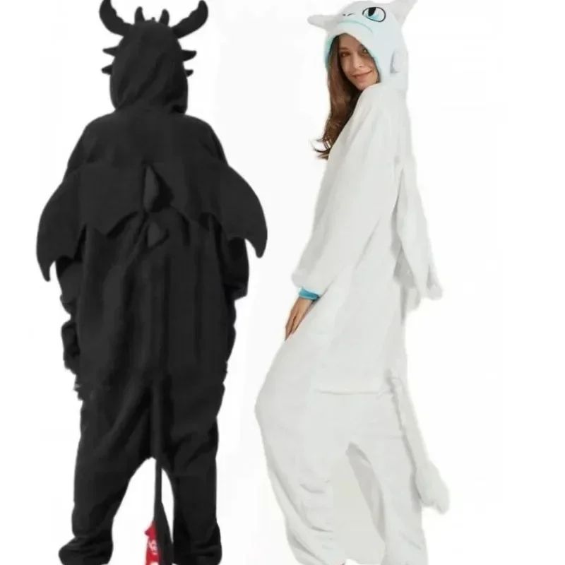 Flannel Cartoon Conjoined Animal Pajamas Tamed Dragon White