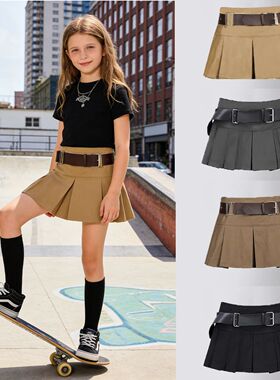 Girls Pleated Skirt Brown Casual All-match Cargo Skirt for K