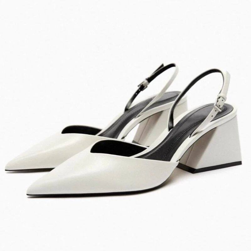 Sexy White Pointed Toe Chunky Heel Pumps Women Luxury Back S