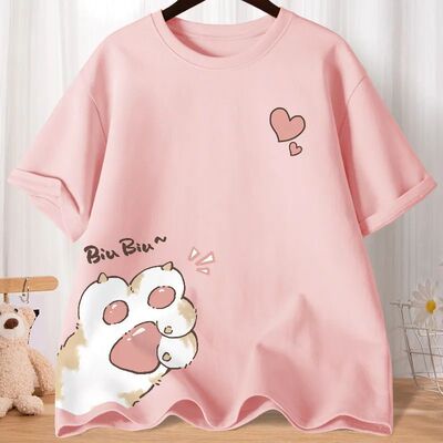 Summer Cartoon Cute Sweet Cat Claw Love Printed Short Sleeve
