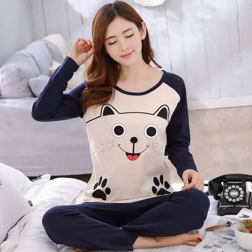 Autumn Thin 2pieces Pyjamas Set Women 2025 Round Neck Girls
