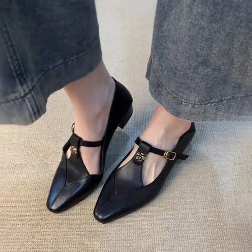 Ladies Black Leather Mary Jane Flats with Metal Rose T-Strap