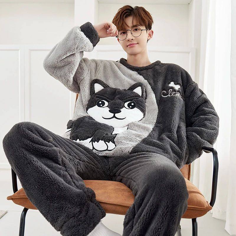 Winter Adult Men Pajamas Set Thicken Plush Sleepwear Korean