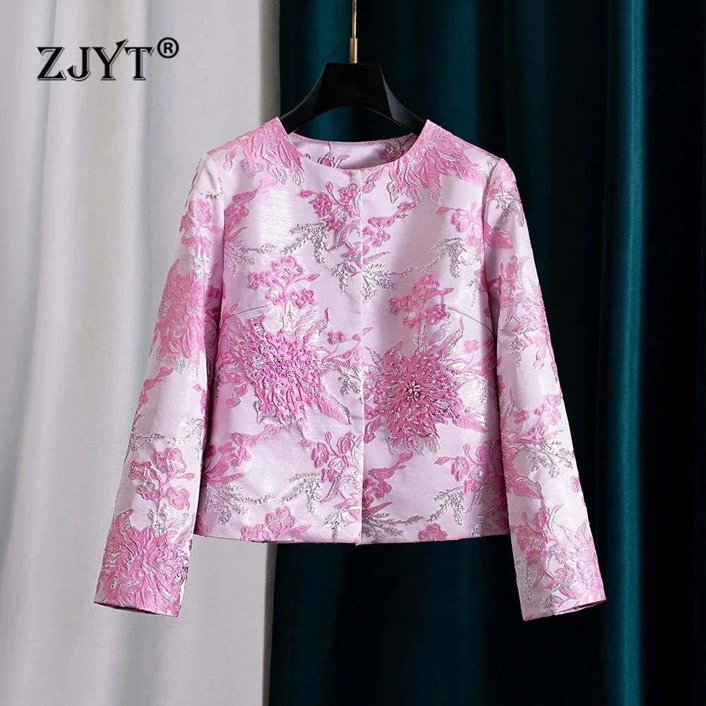 ZJYT Elegant Chic Floral Jacquard Jacket and Coat Woman Spri