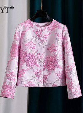 ZJYT Elegant Chic Floral Jacquard Jacket and Coat Woman Spri