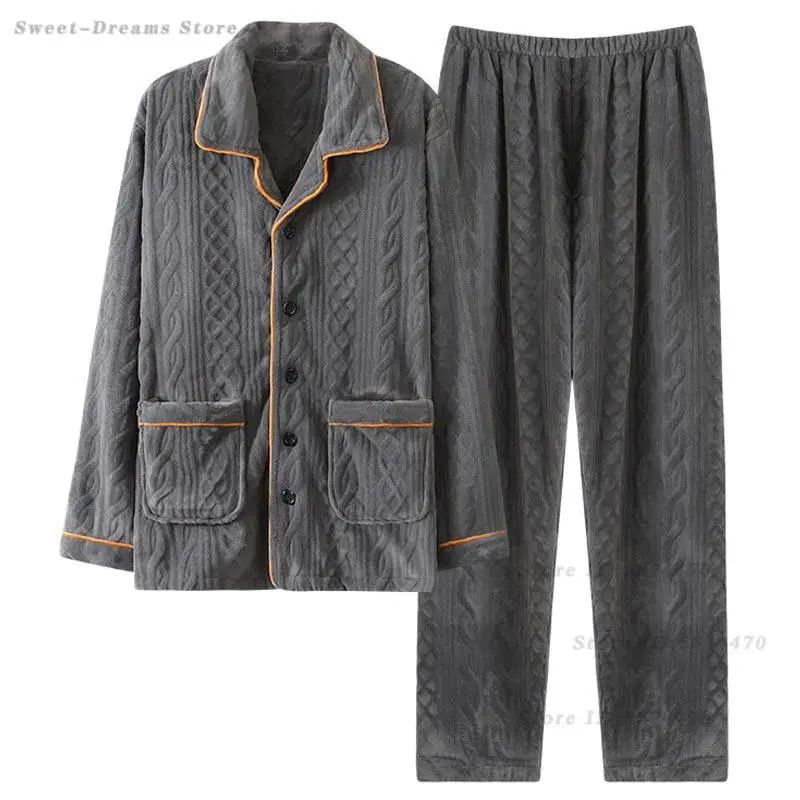 Winter New Sleepwear Warm Flannel Pajamas Suit Male Thicken