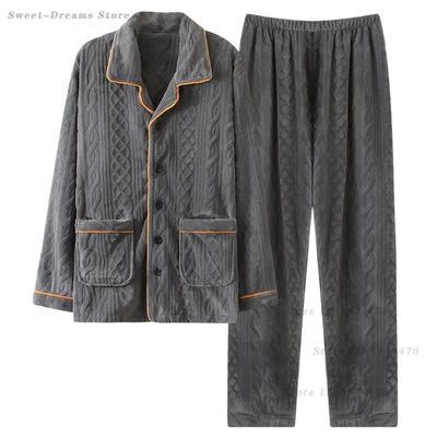 Winter New Sleepwear Warm Flannel Pajamas Suit Male Thicken