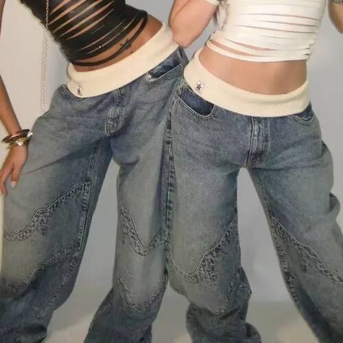 Retro Splicing Jeans Women's Y2K Street Style Washed Retro B