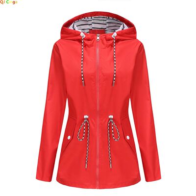 Red Waterproof Hooded Jacket, Women Fashion Casual Coat, Wai