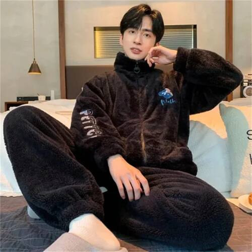 L-4XL Large Size Men Thicken Flannel Pajamas  Cartoon Zipper
