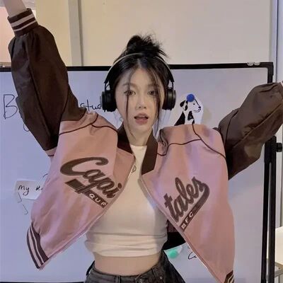 Zip-up Baseball Aviator Coat Woman Short Letter Bomber Jacke