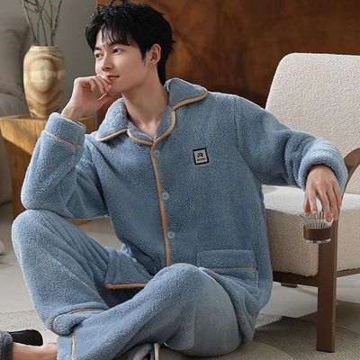 Winter Warm Fleece Pajamas Sets for Men Lapel Collar Button