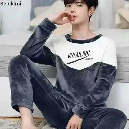 New Men's Thicken Warm Pajamas Sets 2025 Flannel 2 Piece Set
