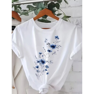 Women'S Floral Print T-Shirt  Blue Floral Design Casual Crew