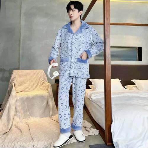 Thickened Flannel Sleepwear Set for Men Autumn Winter Coral