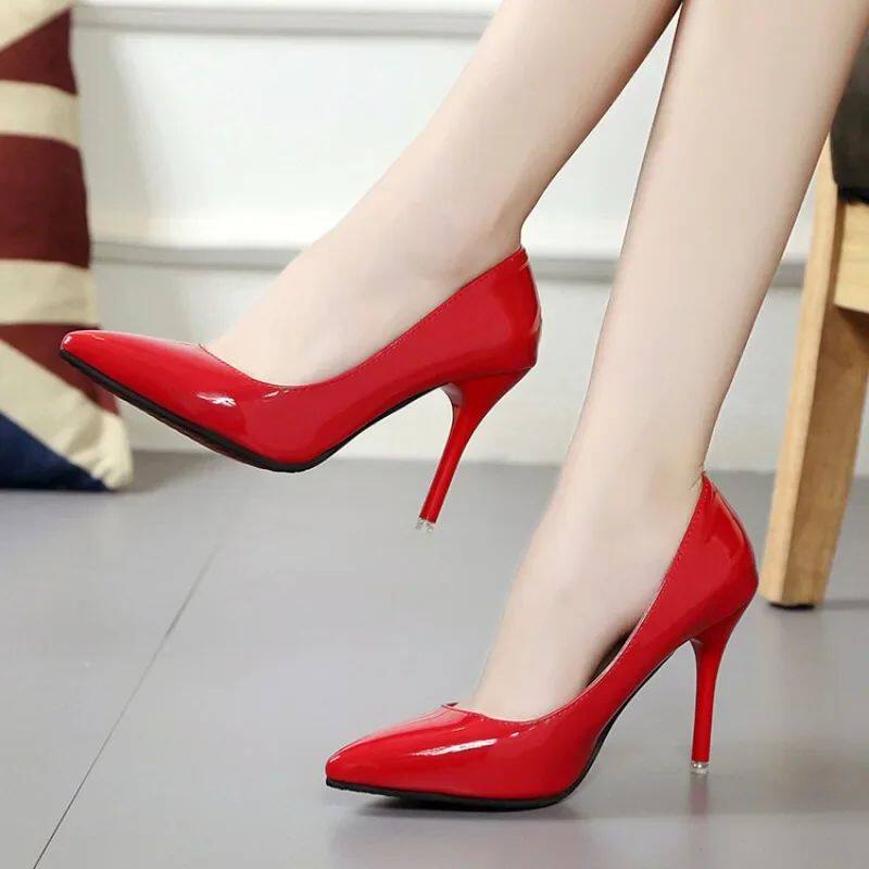 Pointed Toe Pumps Patent Leather Dress Women Shoes Red 8CM H