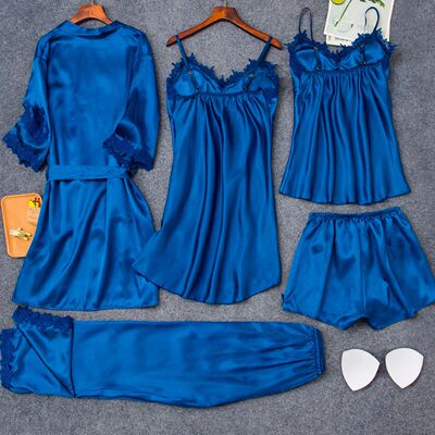 Women'S Pajamas Set Dark Blue Satin Material Lace Splicing M