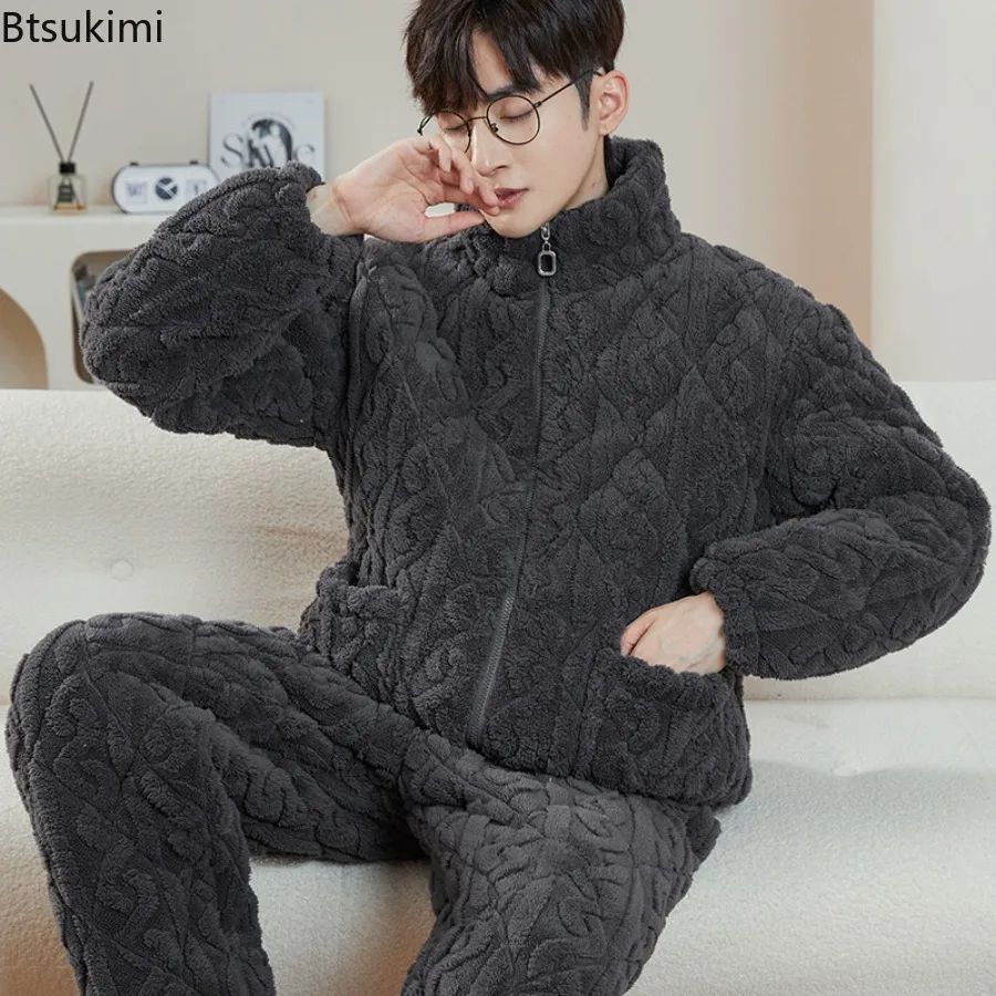 New Winter Pajamas Sets Men's Thicken Three-layer Keep Warm