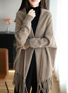 100% Merino Wool Fringed Shawl Women's Autumn Clothes Solid