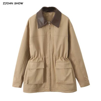 2025 Spring Women Khaki Spliced Faux Leather Lapel Safari Co