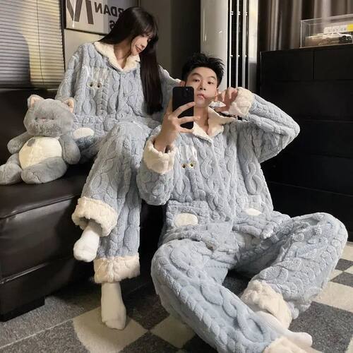 Couple Pajamas for Men Fleece Winter Sleepwear Korean Sleepi