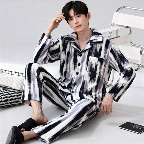 Fluffy Flannel Striped Pajamas Set Men's Winter Korean Youth