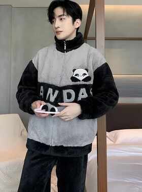 L-5XL Thickened Flannel Men's Pajamas Set Winter Warm Large