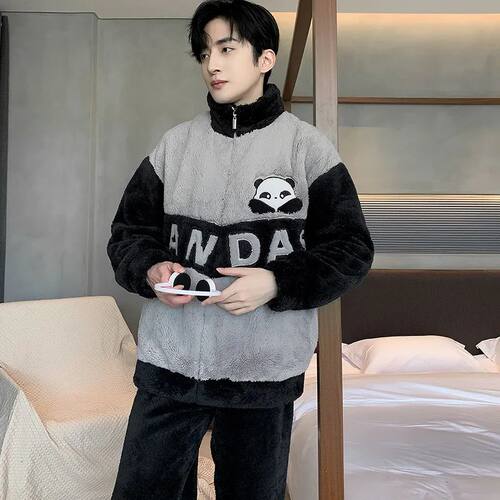 L-5XL Thickened Flannel Men's Pajamas Set Winter Warm Large