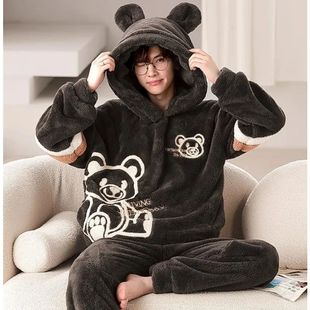 Winter Big Children Big Size Coral Velvet Pajamas for Men wi