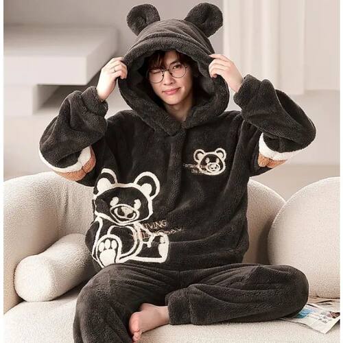 Winter Big Children Big Size Coral Velvet Pajamas for Men wi