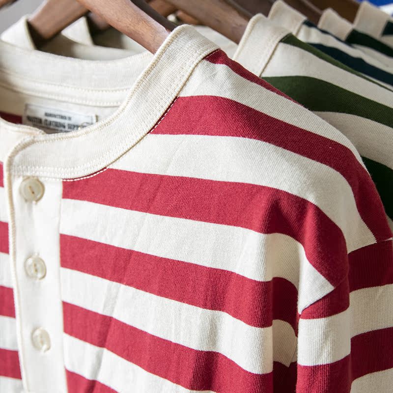 杏白红条纹纯棉亨利领长袖T恤