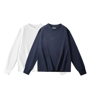 复古长绒棉320克重磅竹节棉长袖运动T恤男女宽松全棉春秋冬打底衫