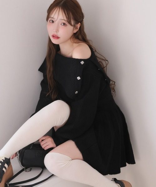 日单nicecla@up露肩独家 纯原甜美少女一直肩针织连衣裙毛衣