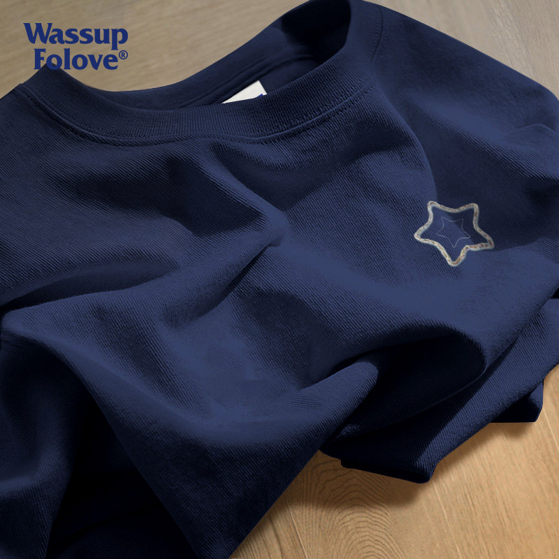 WASSUP星星印花藏青色重磅纯棉短袖t恤夏季新款百搭男女款T恤上衣