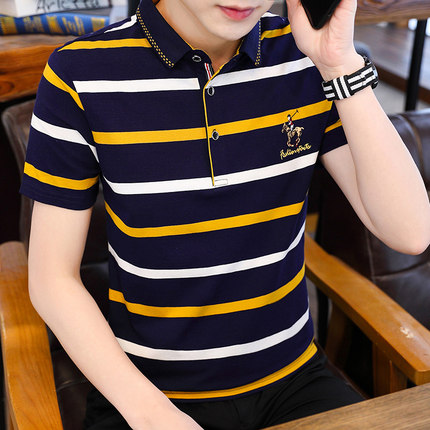 香港纯棉t恤男士短袖翻领条纹潮流保罗POLO衫2024夏季新款衣服男