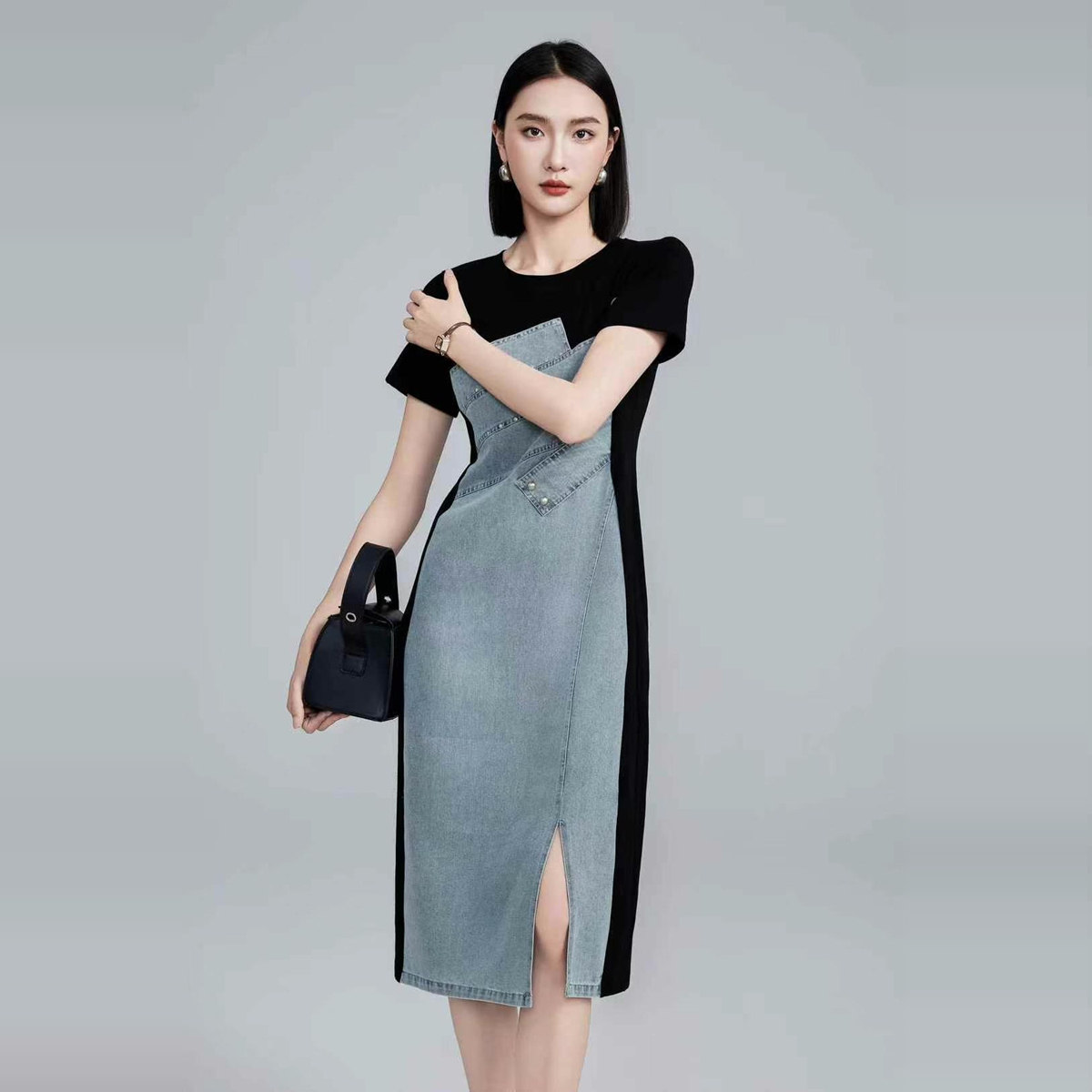 千娜利商场连衣裙E8053女2025夏装新款气质短袖时尚中长款牛仔裙
