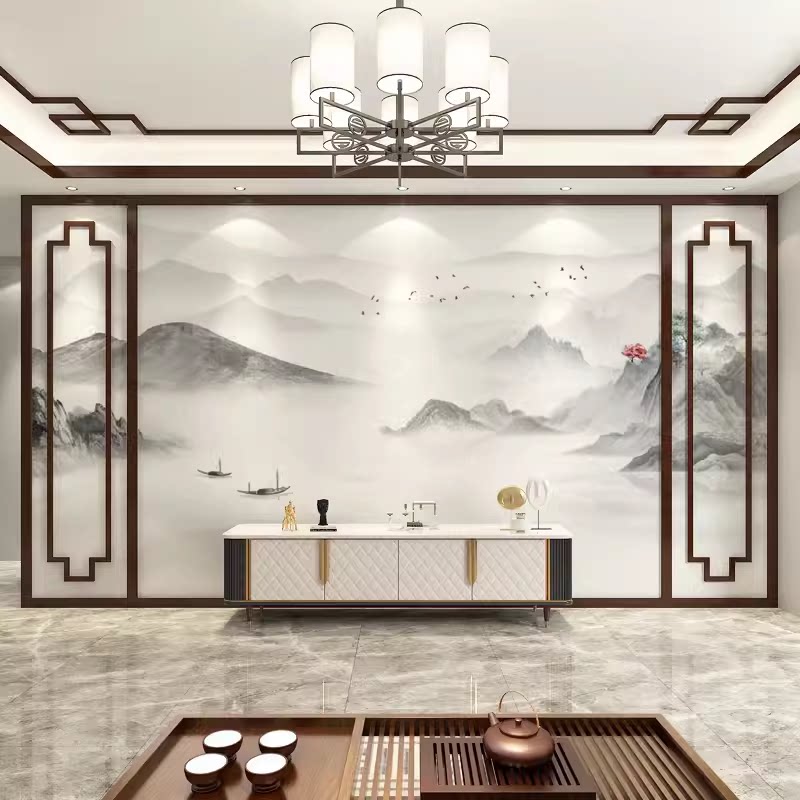 新中式水墨山水电视背景墙壁画卧室墙纸家用装饰壁布现代书房墙布