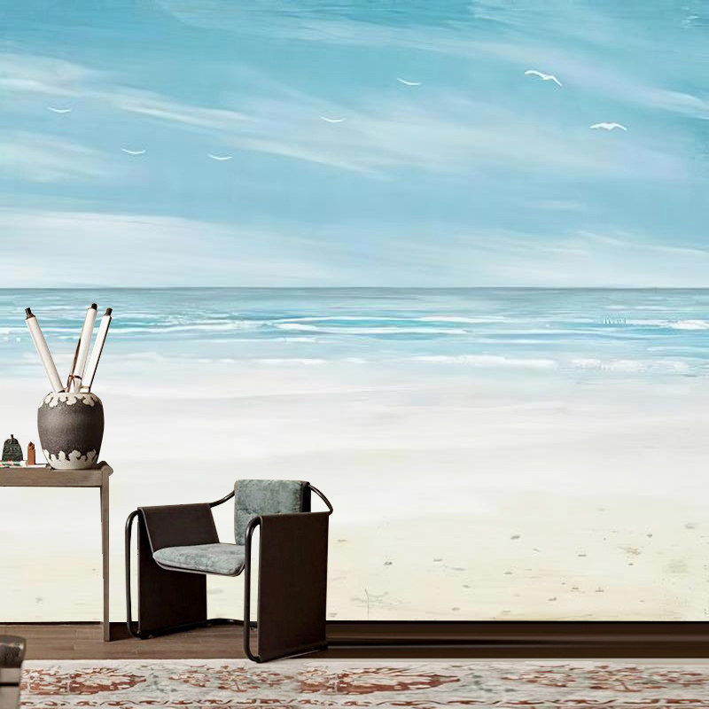 北欧手绘大海风景壁画客厅电视背景墙纸民宿包间艺术壁纸无缝墙布